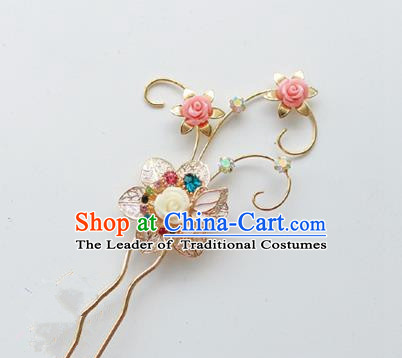 Traditional Korean National Hair Accessories Pink Flowers Hairpins, Asian Korean Fashion Wedding Hanbok Hair Decorations Headwear for Women