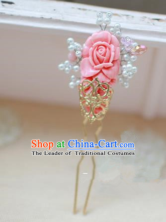 Traditional Korean National Hair Accessories Wedding Princess Pink Rose Hairpins, Asian Korean Fashion Hanbok Hair Stick Headwear for Girls