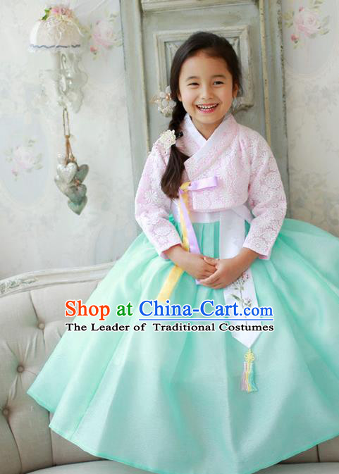 Asian Korean National Traditional Handmade Formal Occasions Girls Embroidered Pink Lace Blouse and Green Dress Costume Hanbok Clothing for Kids