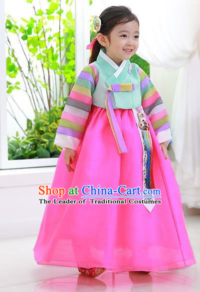 Asian Korean National Traditional Handmade Formal Occasions Girls Embroidered Green Blouse and Pink Dress Costume Hanbok Clothing for Kids