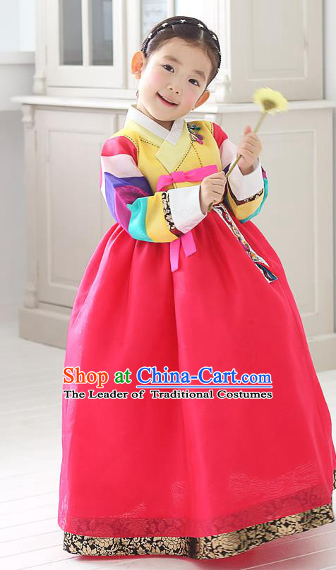 Asian Korean National Traditional Handmade Formal Occasions Girls Embroidered Yellow Blouse and Dress Costume Hanbok Clothing for Kids