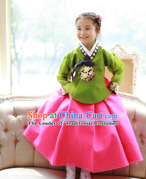 Asian Korean National Traditional Handmade Formal Occasions Girls Embroidery Green Blouse and Rosy Dress Costume Hanbok Clothing for Kids