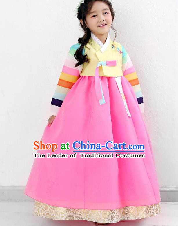 Asian Korean National Traditional Handmade Formal Occasions Girls Embroidery Yellow Blouse and Pink Dress Costume Hanbok Clothing for Kids