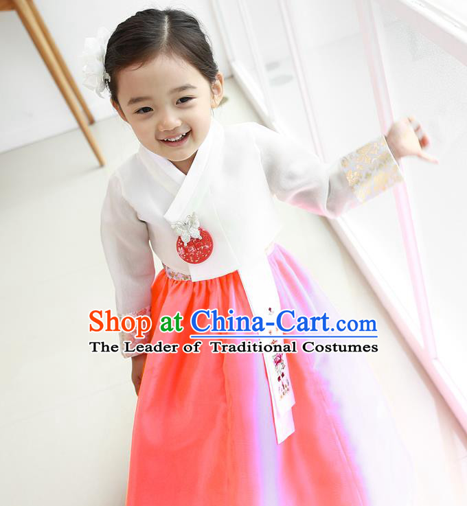 Asian Korean National Traditional Handmade Formal Occasions Girls Embroidery Hanbok Costume White Blouse and Pink Dress Complete Set for Kids