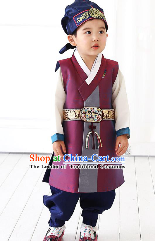 Asian Korean National Traditional Handmade Formal Occasions Boys Embroidery Amaranth Hanbok Costume Complete Set for Kids