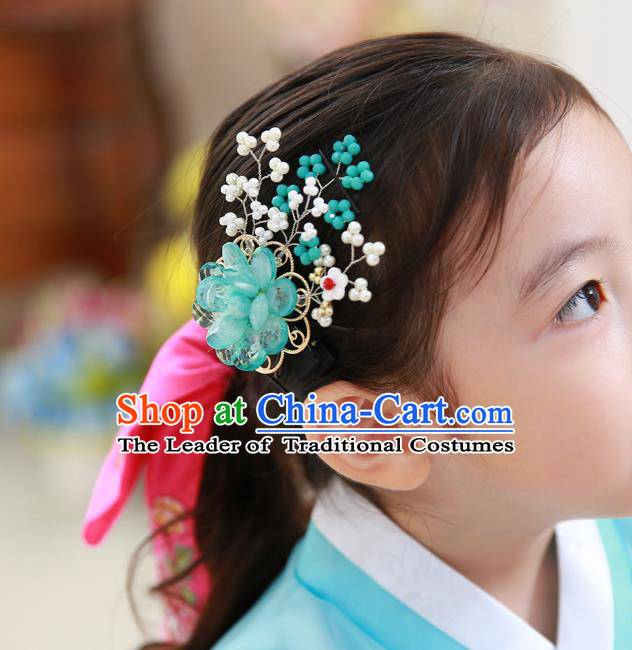 Traditional Korean National Hair Accessories Blue Flowers Hair Stick, Asian Korean Fashion Hanbok Hair Claw for Girls