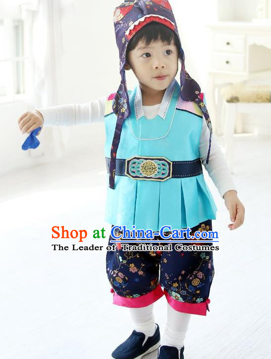 Asian Korean National Traditional Handmade Formal Occasions Boys Embroidery Light Blue Hanbok Costume Complete Set for Kids