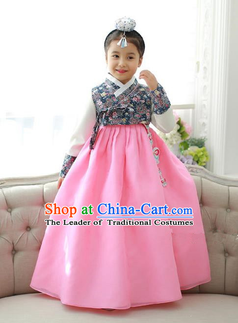 Traditional Korean National Handmade Formal Occasions Girls Hanbok Costume Printing Blouse and Pink Dress for Kids
