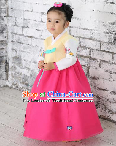 Traditional Korean National Handmade Formal Occasions Girls Hanbok Costume Embroidered Yellow Blouse and Pink Dress for Kids