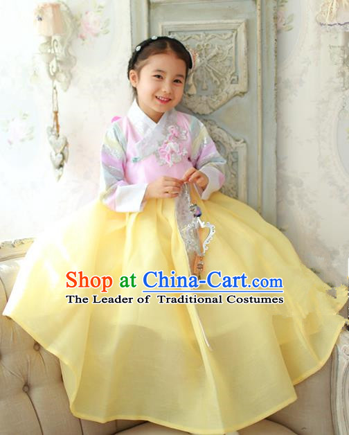 Traditional Korean National Handmade Formal Occasions Girls Hanbok Costume Embroidered Pink Blouse and Yellow Dress for Kids