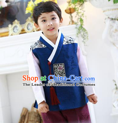 Asian Korean National Traditional Handmade Formal Occasions Boys Embroidery Deep Blue Hanbok Costume Complete Set for Kids