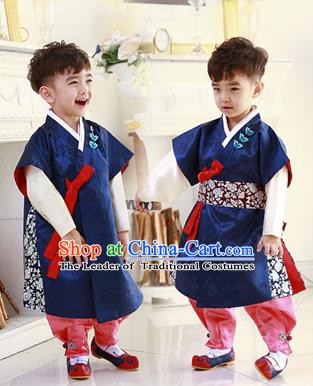 Asian Korean National Traditional Handmade Formal Occasions Boys Embroidery Navy Hanbok Costume Complete Set for Kids