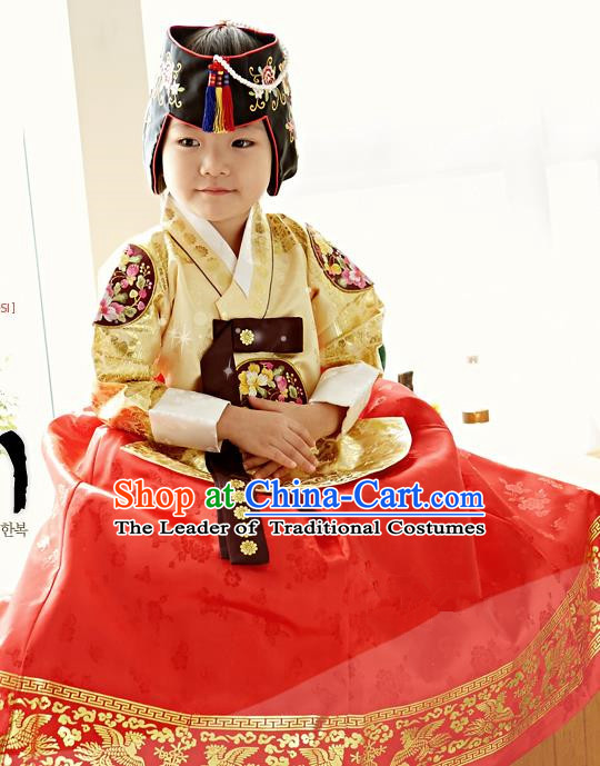 Traditional Korean National Handmade Formal Occasions Girls Palace Hanbok Costume Embroidered Yellow Blouse and Red Dress for Kids