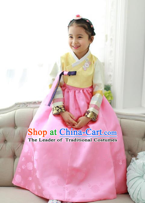 Traditional Korean National Handmade Formal Occasions Girls Palace Hanbok Costume Embroidered Yellow Blouse and Pink Dress for Kids