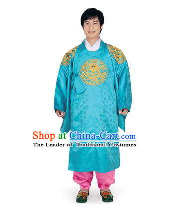 Korean National Traditional Handmade Wedding Embroidery Hanbok Costume, Asian Korean Palace Bridegroom Blue Dragon Robe for Men