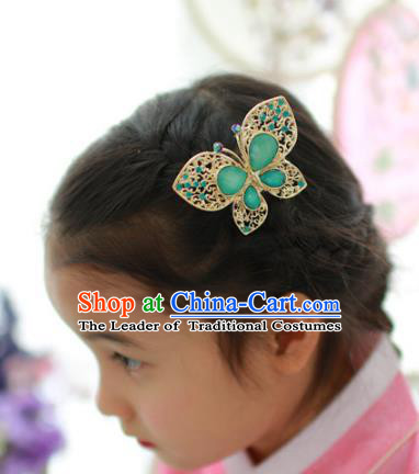 Traditional Korean National Hair Accessories Green Butterfly Hair Stick, Asian Korean Fashion Wedding Hanbok Hair Decorations Headwear for Women