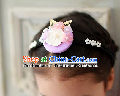 Traditional Korean Hair Accessories Shell Butterfly Flowers Hair Clasp, Asian Korean Hanbok Fashion Headwear Rosy Headband for Kids