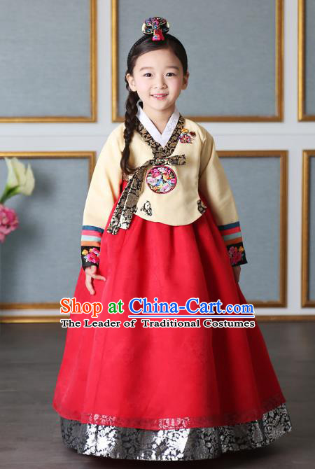 Asian Korean National Traditional Handmade Formal Occasions Girls Embroidery Hanbok Costume Yellow Blouse and Red Dress Complete Set for Kids