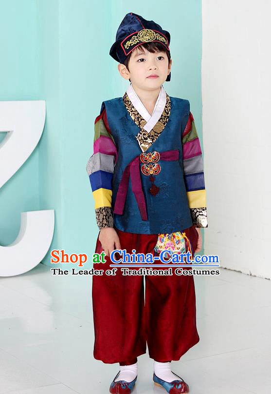 Asian Korean National Traditional Handmade Formal Occasions Boys Embroidery Blue Hanbok Costume Complete Set for Kids