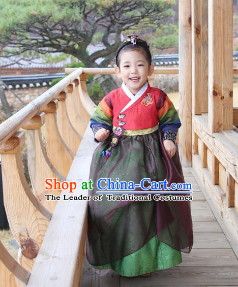 Traditional Korean National Handmade Formal Occasions Girls Embroidery Hanbok Costume Red Blouse and Green Dress Complete Set for Kids