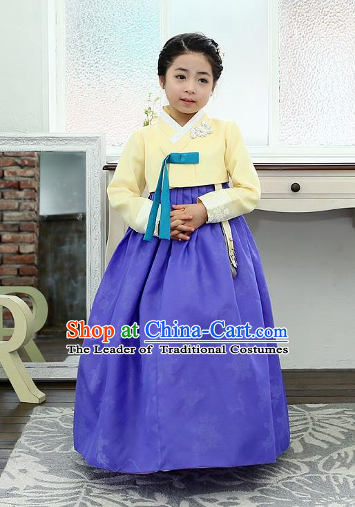 Traditional Korean National Handmade Formal Occasions Girls Hanbok Costume Embroidered Yellow Blouse and Blue Dress for Kids