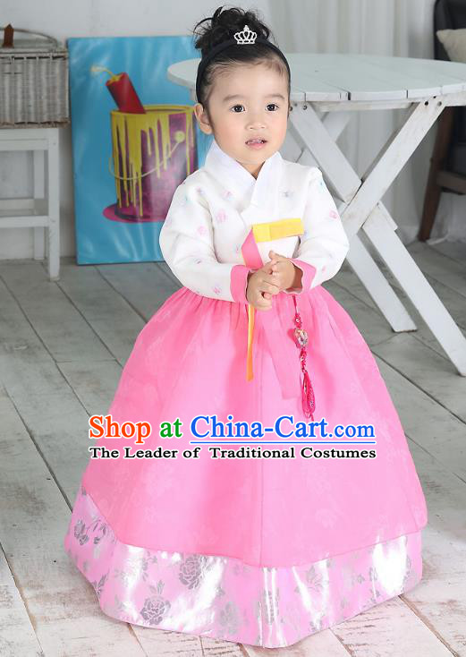 Traditional Korean National Handmade Formal Occasions Girls Palace Hanbok Costume Embroidered White Blouse and Pink Dress for Kids