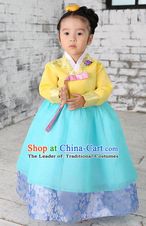 Traditional Korean National Handmade Formal Occasions Embroidered Yellow Blouse and Blue Dress Girls Palace Hanbok Costume for Kids