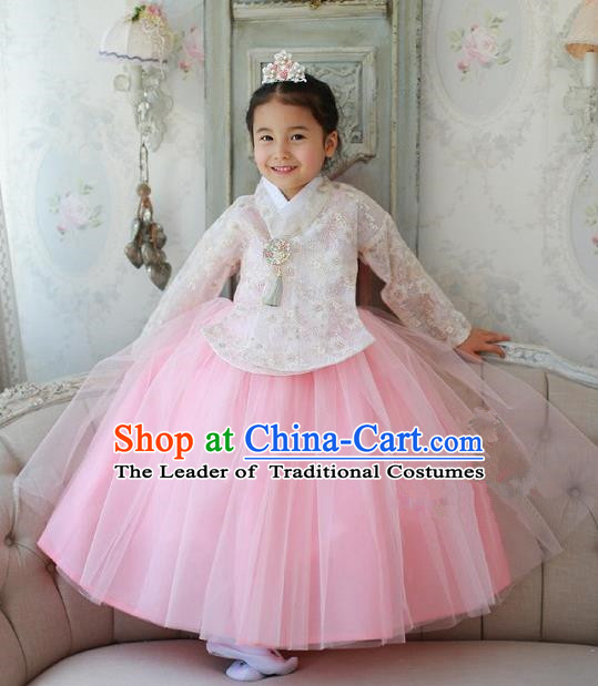 Korean National Handmade Formal Occasions Embroidered White Lace Blouse and Pink Dress, Asian Korean Girls Palace Hanbok Costume for Kids