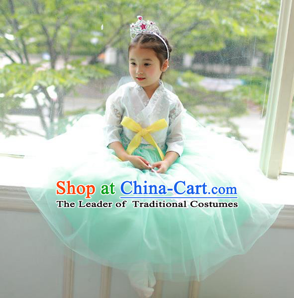 Korean National Handmade Formal Occasions Embroidered White Blouse and Green Veil Dress, Asian Korean Girls Palace Hanbok Costume for Kids