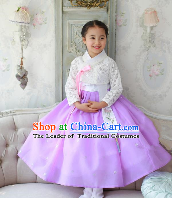 Korean National Handmade Formal Occasions Embroidered White Lace Blouse and Purple Veil Dress, Asian Korean Girls Palace Hanbok Costume for Kids