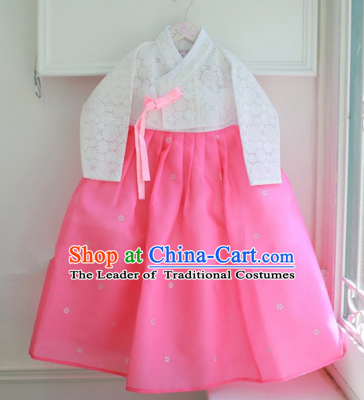 Korean National Handmade Formal Occasions Embroidered White Lace Blouse and Pink Dress, Asian Korean Girls Palace Hanbok Costume for Kids