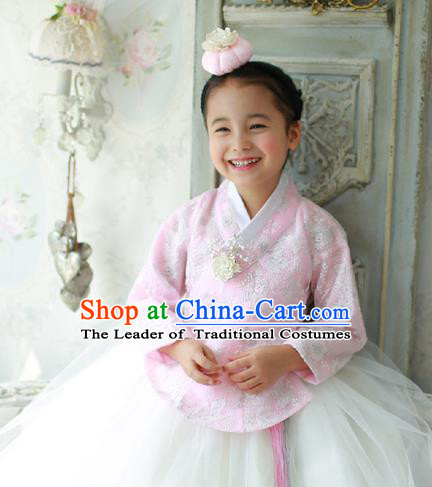 Traditional Korean National Handmade Formal Occasions Girls Palace Hanbok Costume Embroidered Pink Blouse and White Dress for Kids