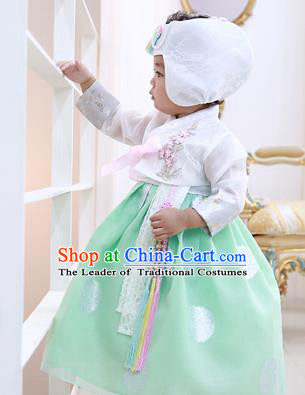 Asian Korean National Handmade Formal Occasions Embroidered White Blouse and Green Dress Hanbok Costume for Kids
