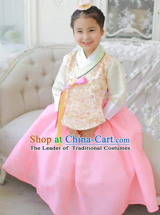 Asian Korean National Handmade Formal Occasions Embroidered Beige Blouse and Pink Dress Hanbok Costume for Kids