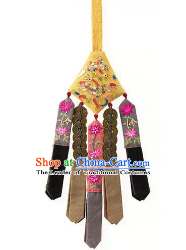 Traditional Korean Accessories Yellow Waist Pendant Embroidered Palace Taeniasis, Asian Korean Wedding Hanbok Copper Cash Tassel Waist Decorations for Women