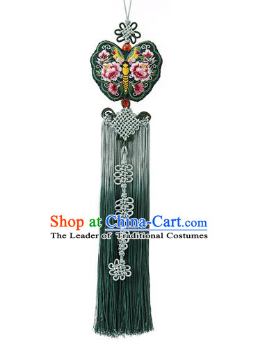 Traditional Korean Accessories Embroidered Waist Pendant Chinese Knot Palace Taeniasis, Asian Korean Wedding Hanbok Green Tassel Waist Decorations for Women