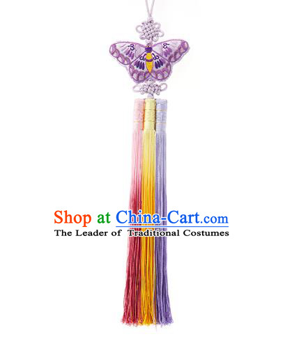 Traditional Korean Accessories Embroidered Purple Butterfly Waist Pendant Chinese Knot Palace Taeniasis, Asian Korean Wedding Hanbok Tassel Waist Decorations for Women