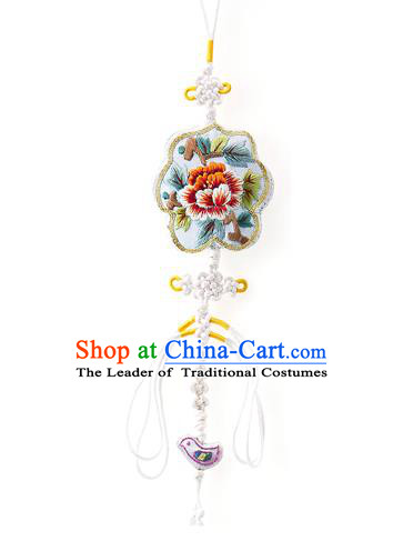 Asian Korean Hanbok Embroidered Flower White Waist Decorations, Korean National Belts Accessories Wedding Bride Waist Pendant for Women