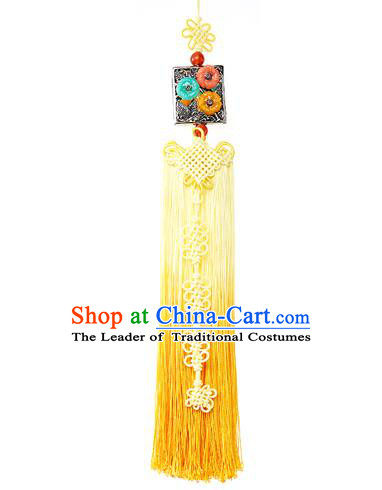 Asian Korean Hanbok Yellow Tassel Waist Decorations, Korean National Belts Accessories Wedding Bride Waist Pendant for Women