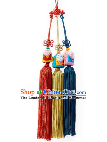 Asian Korean Hanbok Embroidered Bells Tassel Waist Decorations, Korean National Belts Accessories Wedding Bride Waist Pendant for Women