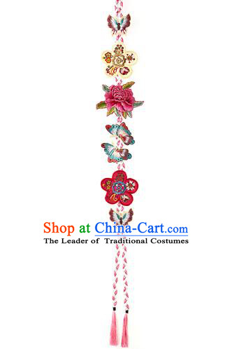 Asian Korean Hanbok Embroidered Butterfly Flowers Tassel Waist Decorations, Korean National Belts Accessories Wedding Bride Waist Pendant for Women