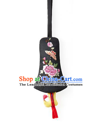 Asian Korean Hanbok Embroidered Flowers Black Waist Decorations, Korean National Belts Accessories Wedding Bride Waist Pendant for Women