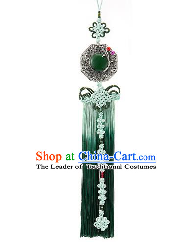 Korean National Accessories Bride Wedding Chinese Knot Jade Waist Pendant, Asian Korean Hanbok Green Tassel Waist Decorations for Women