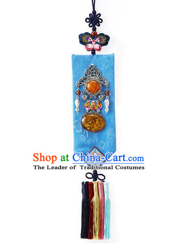 Asian Korean Hanbok Embroidered Blue Waist Decorations, Korean National Belts Accessories Wedding Bride Waist Pendant for Women