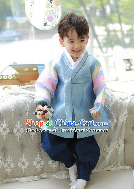 Asian Korean National Traditional Handmade Formal Occasions Boys Prince Blue Hanbok Costume Complete Set for Kids