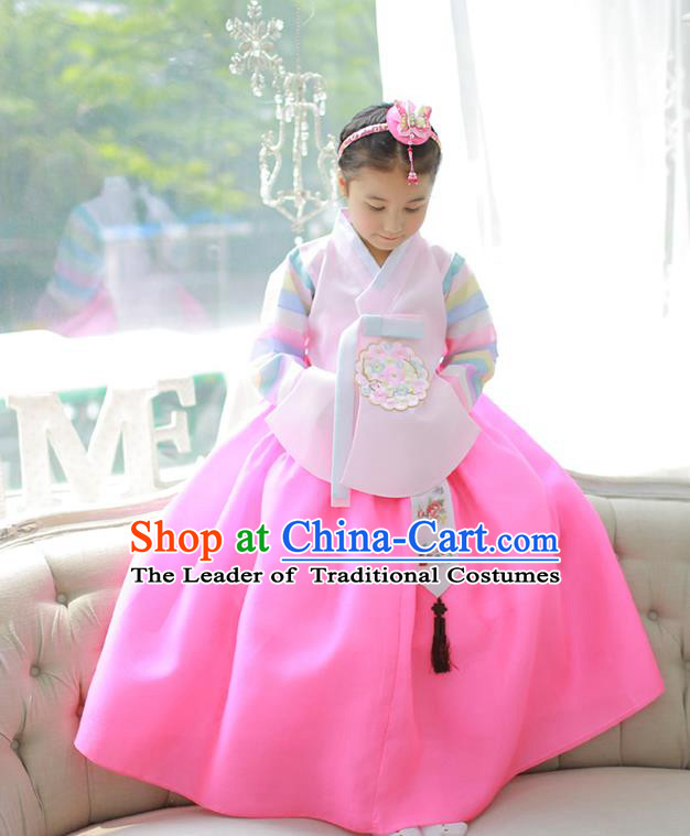 Asian Korean National Handmade Formal Occasions Embroidered Pink Blouse and Yellow Dress Palace Hanbok Costume for Kids