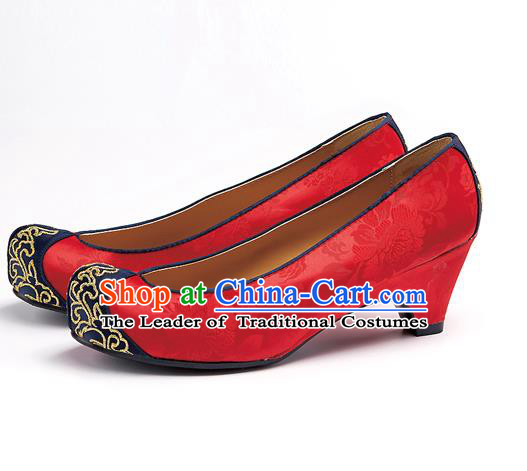 Traditional Korean National Wedding Embroidered Red Shoes, Asian Korean Hanbok Bride Embroidery Shoes for Women