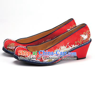 Traditional Korean National Wedding Shoes Embroidered Shoes, Asian Korean Hanbok Embroidery Red Bride Court Shoes for Women