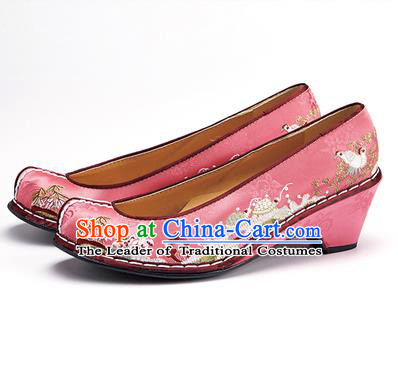 Traditional Korean National Wedding Shoes Embroidered Shoes, Asian Korean Hanbok Embroidery Pink Bride Court Shoes for Women