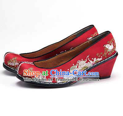 Traditional Korean National Wedding Shoes Embroidered Shoes, Asian Korean Hanbok Embroidery Dark Red Bride Court Shoes for Women